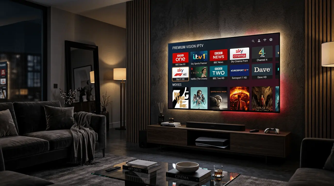 Trex IPTV 4K and 8K streaming quality side-by-side comparison showing ultra-HD channel list, bitrate meter, and picture clarity on a large screen TV