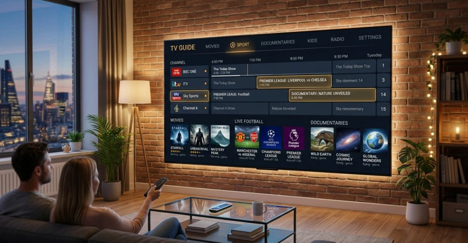 Trex IPTV EPG electronic program guide showing a multi-day channel schedule grid with program titles, times, and categories visible on a smart TV display